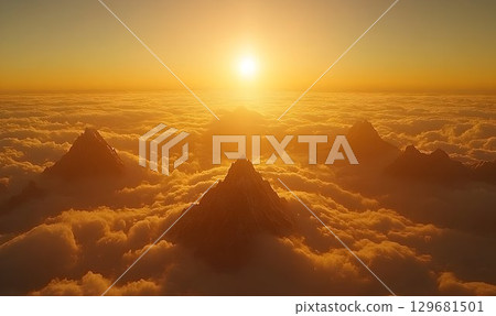 Golden Sunset Illuminates Peaks Above Cloud Sea 129681501