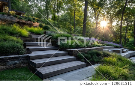 Serene Woodland Garden Steps with Sunlight Filtering Through Tre Serene Woodland Garden Steps with Sunlight Filtering Through Tre 129681511