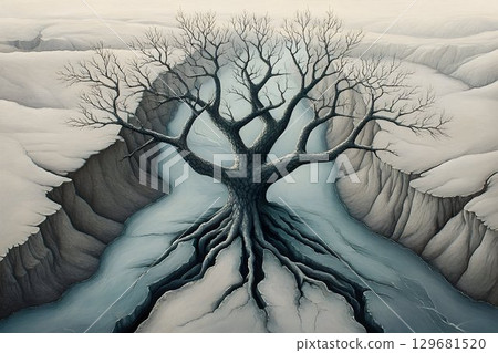 Stark Winter Tree Rooted in a Frozen Canyon Landscape, Surreal a Stark Winter Tree Rooted in a Frozen Canyon Landscape, Surreal a 129681520