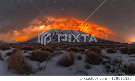 Fiery Milky Way Arching Over Snowy Mountain Peak 129681523