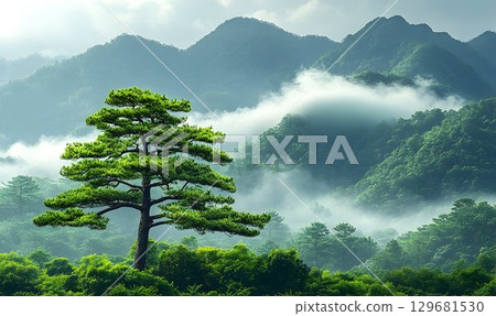 Majestic Pine Tree Amidst Misty Mountain Landscape 129681530
