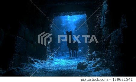 Lone Wolf Emerging from Snowy Ruin at Night Lone Wolf Emerging from Snowy Ruin at Night 129681541