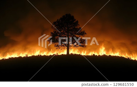 Lone Tree Silhouetted Against Raging Wildfire, Glowing Orange Sk 129681550