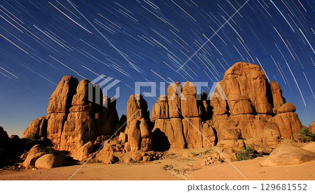 Star Trails Over Desert Rock Formations at Night 129681552