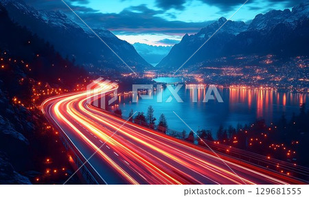 Serene Alpine Highway at Dusk with Vivid Light Trails 129681555