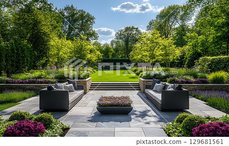 Serene Garden Retreat: Modern Sofas, Lush Greenery, and Tranquil 129681561