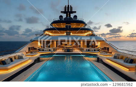 Luxurious Yacht Pool Deck at Sunset with Exquisite Details 129681562