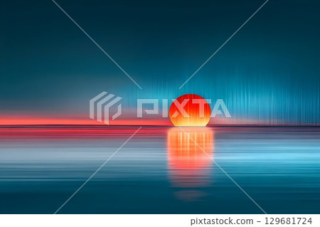 Abstract Sunset Over Water with Vibrant Colors and Textural Line 129681724