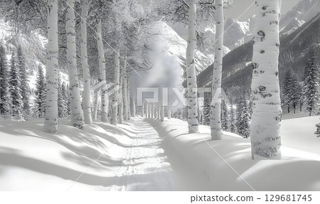 Winter's embrace: Snow-covered path through a birch forest with 129681745