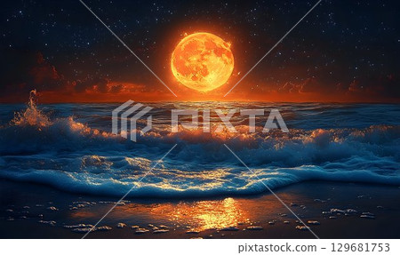Enchanting Coastal Night with a Fiery Blood Moon 129681753