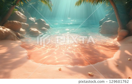 Serene Tropical Beach Cove with Sunlight Filtering Through Palms 129681762