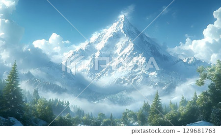 Majestic snow-capped mountain peak piercing through clouds above 129681763