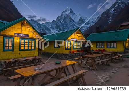 Illuminated Himalayan Tea Houses Under Starlit Sky 129681789