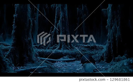 A Mysterious, Dark Swampy Landscape with Icy, Moss-Covered Trees 129681861