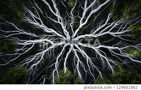 Aerial View of Ghostly White Tree Branches Against Dark Green Fo Aerial View of Ghostly White Tree Branches Against Dark Green Fo 129681862