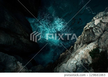 Dramatic aerial view of turquoise ocean water crashing against d 129681863