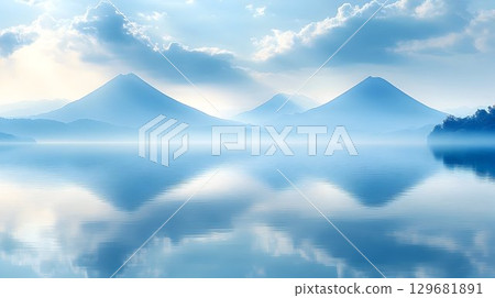 Serene Blue Mountains Reflecting on a Calm Lake 129681891