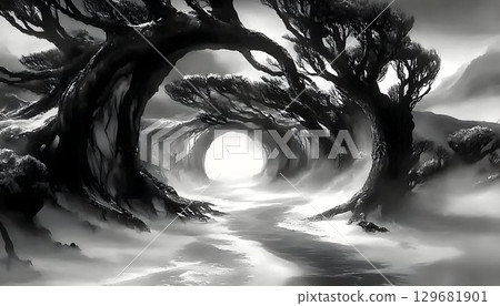 Eerie monochrome landscape with arching trees forming a tunnel t Eerie monochrome landscape with arching trees forming a tunnel t 129681901