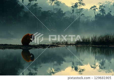 Solitary Proboscis Monkey Reflecting in Misty Borneo River Lands 129681905