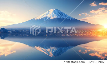 Majestic Mount Fuji Sunrise Reflection Over Cityscape 129681907