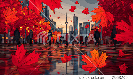 Autumn cityscape and autumn leaves 129682001