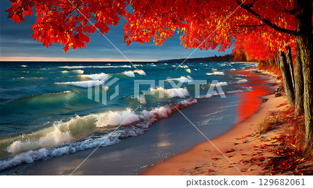 秋葉和海浪的海岸景觀 129682061