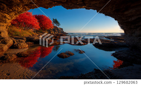 美麗的秋葉和海景 129682063