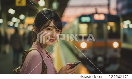 A woman waiting for a train on the station platform while looking at her smartphone 129682171