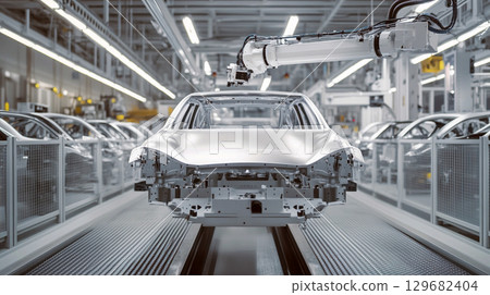 white robotic arm operating in an automobile assembly factory. front view of car body without paint lined up 129682404
