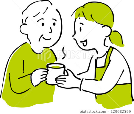 Illustration of a caregiver handing tea to an elderly person 129682599