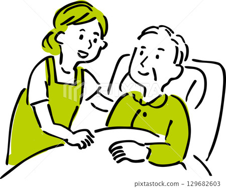 Illustration of a caregiver talking to an elderly person in bed Illustration of a caregiver talking to an elderly person in bed 129682603
