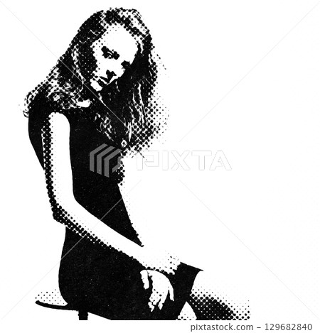 Beautiful woman with dark dress studio portrait in halftone pattern 129682840