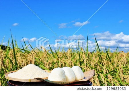 Autumn rice field and bowl of rice balls Autumn rice field and bowl of rice balls 129683083