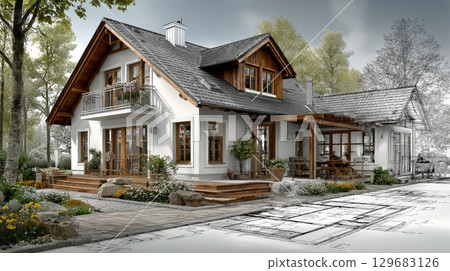 A highly detailed 3D rendering of a house construction project placed over architectural blueprints, representing modern building design, precise planning, and advanced engineering. Generative AI 129683126