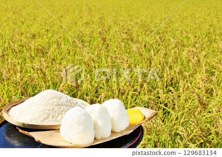 Autumn rice field and bowl of rice balls Autumn rice field and bowl of rice balls 129683134