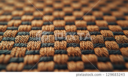 Abstract background Close up of woven fabric featuring intricate patterns in brown and black. texture showcases detailed design, highlighting craftsmanship and material quality 129683243