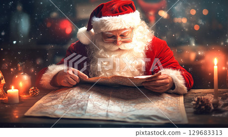 Santa reading map by candlelight in his workshop, creating warm and festive atmosphere. scene captures essence of holiday preparation and magic in Christmas New Year 129683313
