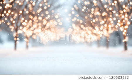 snow covered street lined with holiday lights creates magical atmosphere. soft glow of lights reflects on snowy ground, inviting warmth and joy in Christmas New Year winter holiday seasonal snow covered street lined with holiday lights creates magical atmosphere. soft glow of lights reflects on snowy ground, inviting warmth and joy in Christmas New Year winter holiday seasonal 129683322