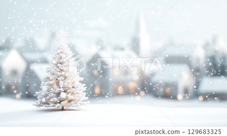 snow covered town square features beautifully decorated Christmas tree, surrounded by festive lights and serene winter atmosphere New Year holiday seasonal celebration 129683325