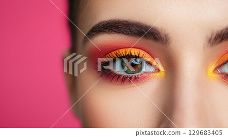 Abstract background Vibrant eye makeup featuring gradient of bright yellow to deep red, showcasing bold colors and striking contrast against pink background Abstract background Vibrant eye makeup featuring gradient of bright yellow to deep red, showcasing bold colors and striking contrast against pink background 129683405