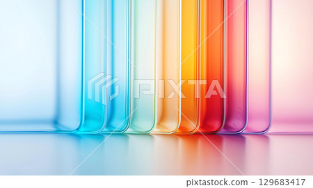 Abstract background Colorful gradient glass panels create vibrant spectrum effect, showcasing blend of hues from blue to red, evoking sense of modern elegance and creativity 129683417