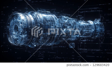 Futuristic mechanical engine core 3D model design with intricate details and glowing elements, showcasing advanced technology and engineering architecture manufacturing 129683420