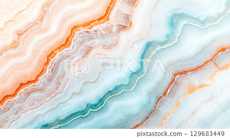 Abstract background Textured marble with swirling colors of orange, blue, and white creates stunning visual effect, showcasing natural beauty and elegance 129683449