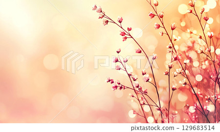 Abstract background Delicate pink flowers with soft focus bokeh lights in warm colors create dreamy atmosphere, perfect for backgrounds or floral themes 129683514
