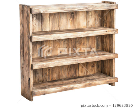 Rustic wooden bookshelf with four shelves, perfect for home decor and storage. Ideal for displaying books, plants, or decorative items in cozy setting Rustic wooden bookshelf with four shelves, perfect for home decor and storage. Ideal for displaying books, plants, or decorative items in cozy setting 129683850