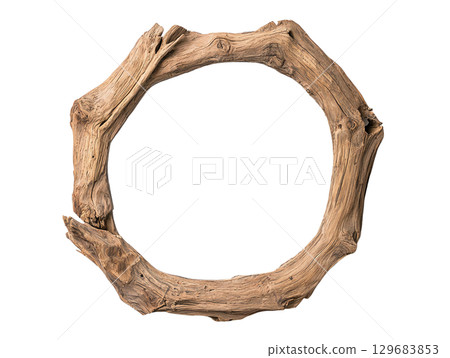 Natural wooden circle frame, rustic design, perfect for decor or art display. This unique piece adds touch of nature to any setting, enhancing aesthetic appeal 129683853