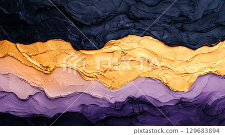 Abstract background Textured abstract painting with rich purple, gold, and black layers creating dynamic visual experience. vibrant colors blend harmoniously, evoking emotion 129683894
