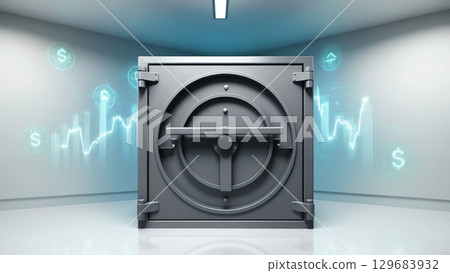 Strong vault door symbolizing secure financial protection against market fluctuations and economic uncertainty 129683932