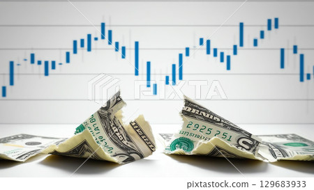 Torn banknotes with fluctuating currency graphs in background, symbolizing economic risk and currency stability Torn banknotes with fluctuating currency graphs in background, symbolizing economic risk and currency stability 129683933