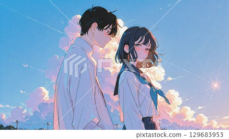 Dusk sky and men and women 129683953